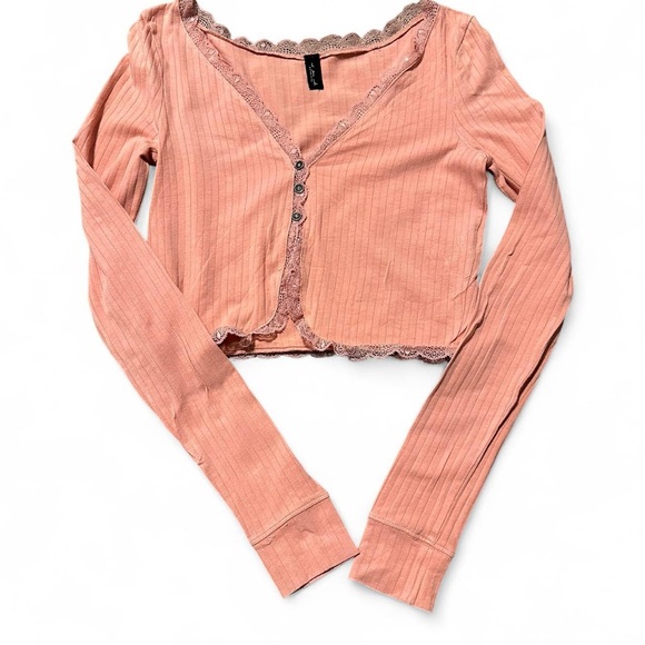 Urban Outfitters Tops - Urban Outfitters Pink Lace-Trimmed Ribbed Cardigan
